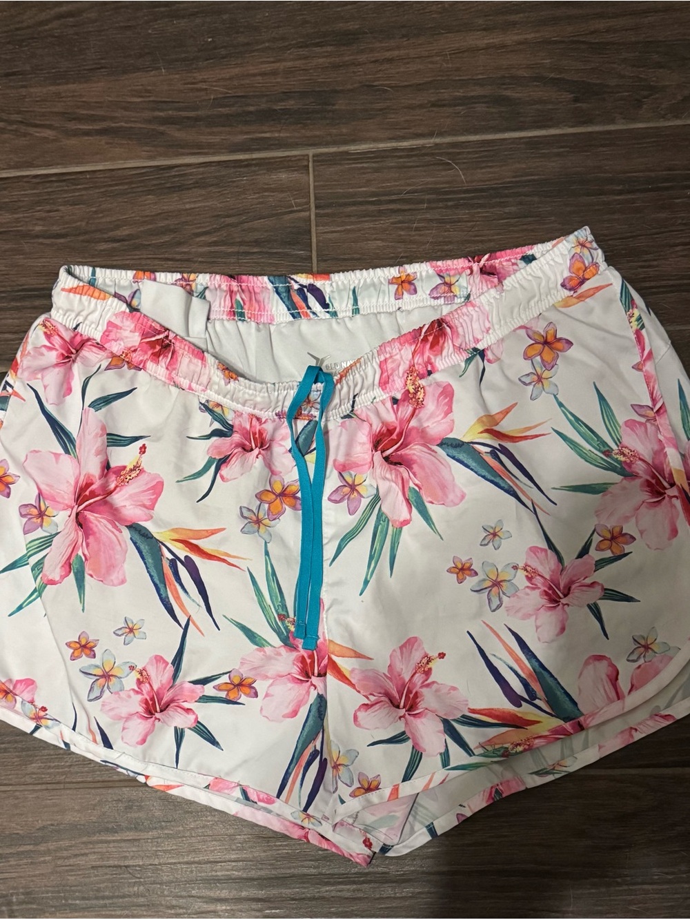 Old Navy White Floral Athletic Shorts with Pink Tropical Print